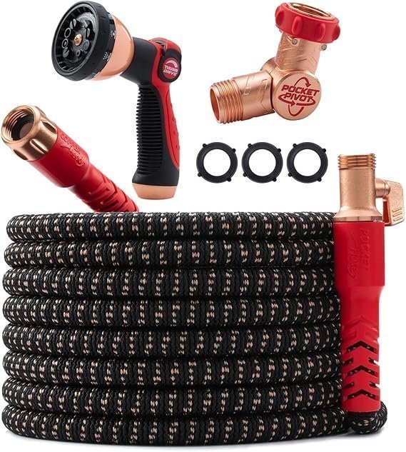 Pocket Hose 100 FT Copper Head Expandable Garden Hose with Pocket Pivot, No Tangles, AS SEEN ON TV, 360° Swivel, Tri-Tex Tubing, Force Field Jacket, Lead-Free, No-Kink, Anti-Burst w/APT image 0