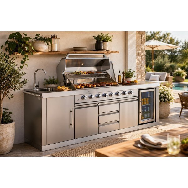 Big Horn 6-Burner Propane Gas Grill Island with Outdoor Rated Refrigerator image 0