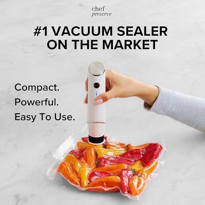 Chef Preserve Compact Vacuum Sealer for Food (Vacuum Sealer Machine + 30 Reusable Vacuum Bags) Powerful Handheld Vacuum Sealer Machine, Seal Meal Saver, Portable Food Sealer image 4