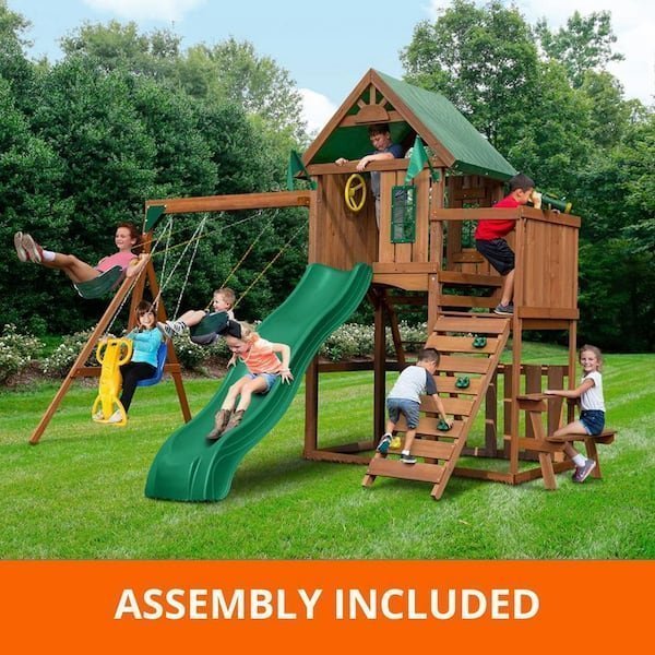 Professionally Assembled Knightsbridge Wooden Outdoor Playground Set with Slide, Rock Wall, Swing Set, and Accessories image 1