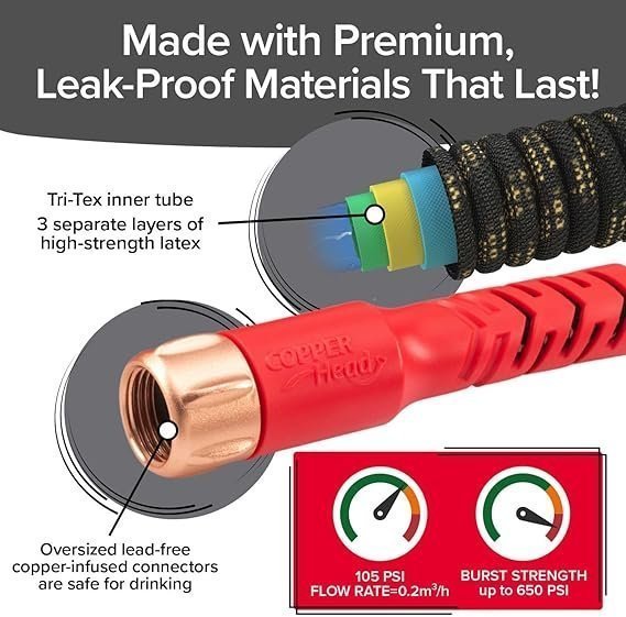Pocket Hose 100 FT Copper Head Expandable Garden Hose with Pocket Pivot, No Tangles, AS SEEN ON TV, 360° Swivel, Tri-Tex Tubing, Force Field Jacket, Lead-Free, No-Kink, Anti-Burst w/APT image 2