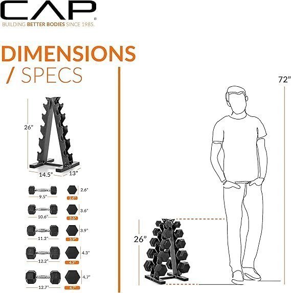 CAP Barbell Rubber Coated Dumbbell Weight Set with Vertical Rack | 100 lb, 150 lb, and 210 lb Options image 2