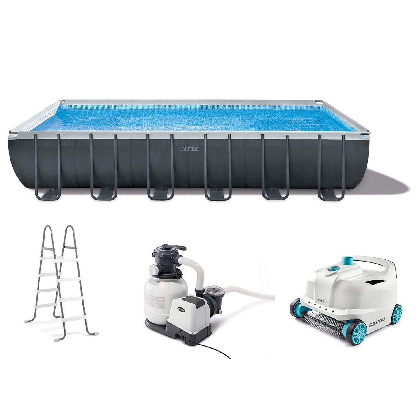 Intex 24ft x 12ft x 52in Ultra XTR Frame Rectangular Swimming Pool Set with Sand Filter Pump, Ladder, Ground Cloth, Cover and Robot Vacuum image 0