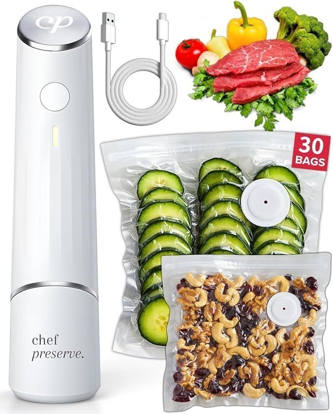 Chef Preserve Compact Vacuum Sealer for Food (Vacuum Sealer Machine + 30 Reusable Vacuum Bags) Powerful Handheld Vacuum Sealer Machine, Seal Meal Saver, Portable Food Sealer image 0