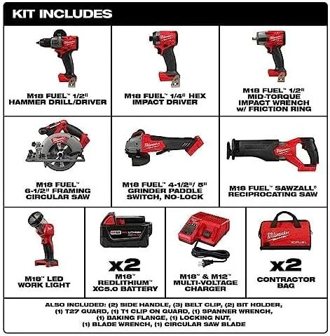 Milwaukee M18 FUEL 18V Lithium-Ion Brushless Cordless Combo Kit with Two 5.0 Ah Batteries, 1 Charger, 2 Tool Bags (7-Tool) image 2