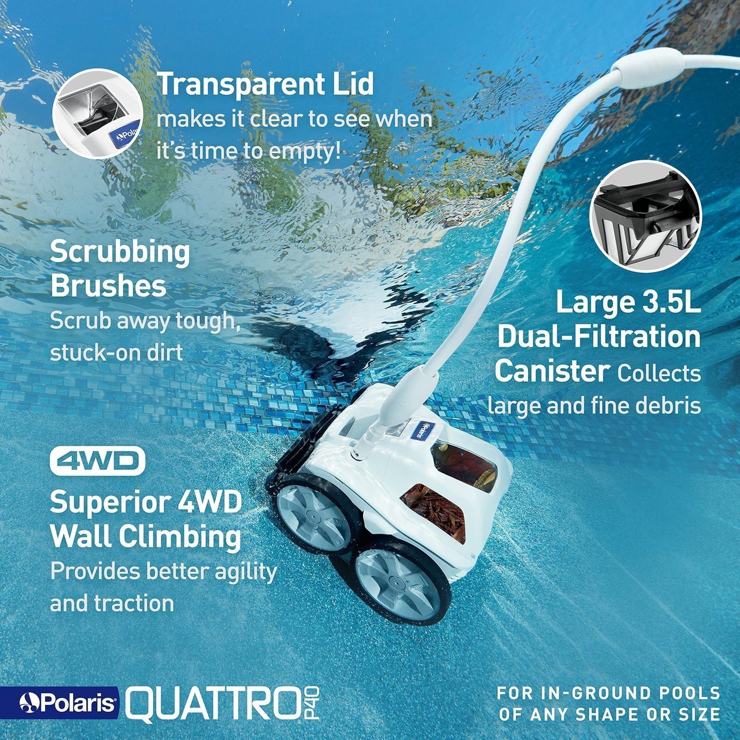 Polaris Quattro P40 Pressure Side Pool Cleaner for All In-Ground Pool Surfaces, Large-Capacity Dual Filtration Canister, 31′ Hose & Transparent Lid to View Debris image 3